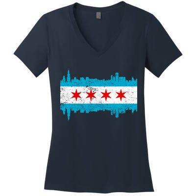 Chicago City Skyline Flag Vintage Women's V-Neck T-Shirt