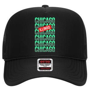 Chicago Illinois Typography High Crown Mesh Back Trucker Hat