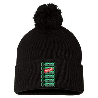 Chicago Illinois Typography Pom Pom 12in Knit Beanie