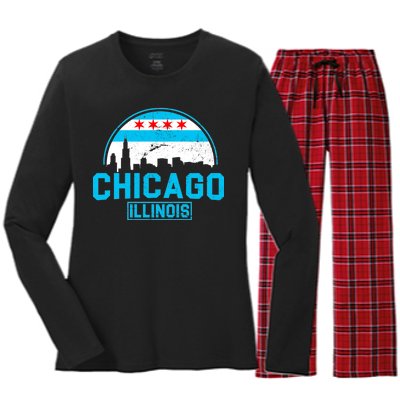 Chicago Illinois Vintage Flag Women's Long Sleeve Flannel Pajama Set 