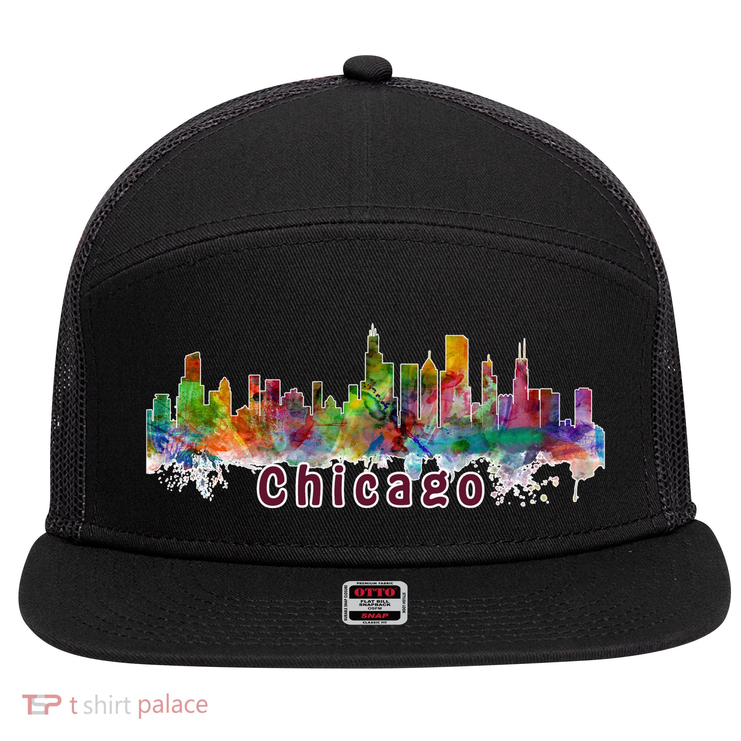 Chicago Skyline Paint Splatter 7 Panel Mesh Trucker Snapback Hat