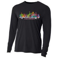 Chicago Skyline Paint Splatter Cooling Performance Long Sleeve Crew