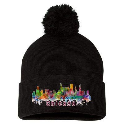 Chicago Skyline Paint Splatter Pom Pom 12in Knit Beanie