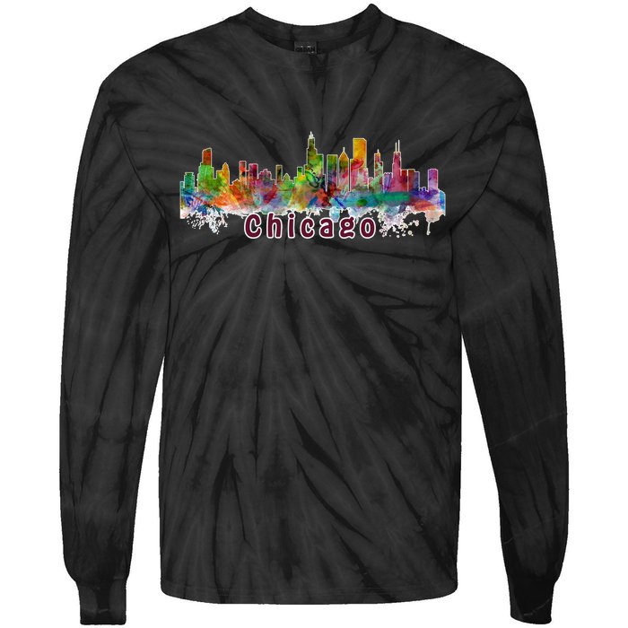 Chicago Skyline Paint Splatter Tie-Dye Long Sleeve Shirt