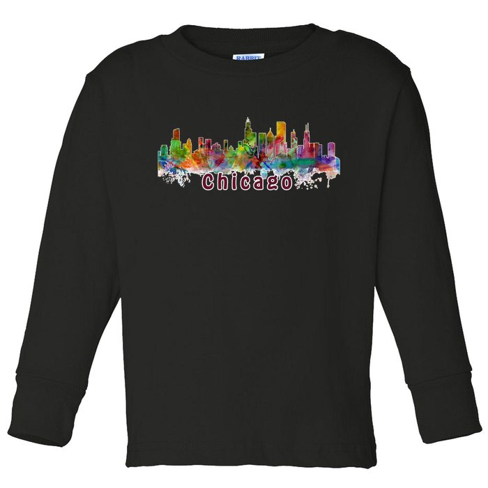 Chicago Skyline Paint Splatter Toddler Long Sleeve Shirt