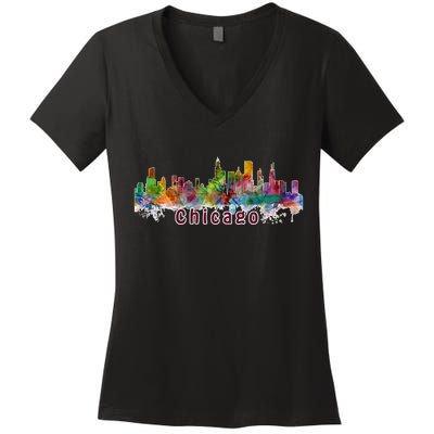 Chicago Skyline Paint Splatter Women's V-Neck T-Shirt