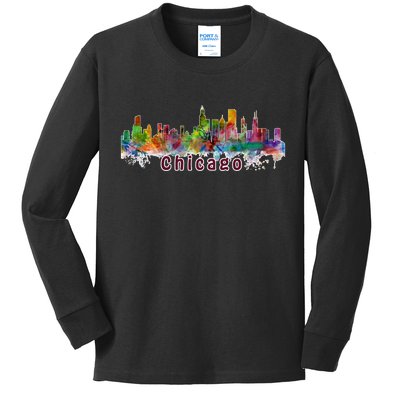 Chicago Skyline Paint Splatter Kids Long Sleeve Shirt