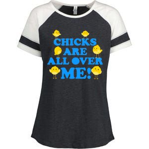 Chicks Are All Over Me Funny Baby Chick Easter Enza Ladies Jersey Colorblock Tee