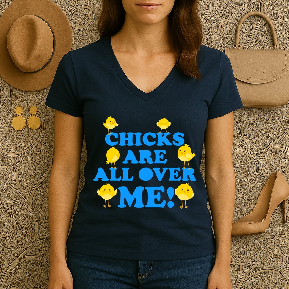 Chicks Are All Over Me Funny Baby Chick Easter Women's V-Neck T-Shirt