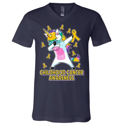 Childhood Cancer Awareness Dabbing Unicorn V-Neck T-Shirt