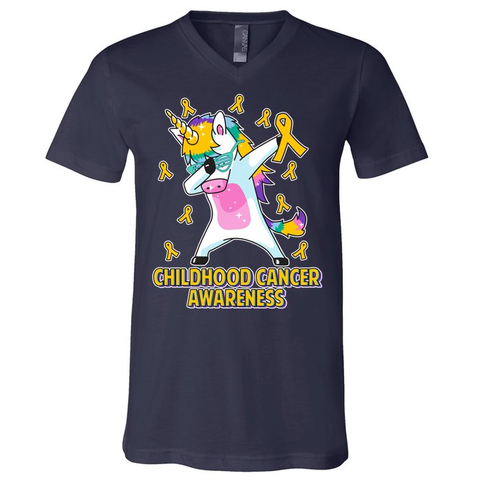 Childhood Cancer Awareness Dabbing Unicorn V-Neck T-Shirt