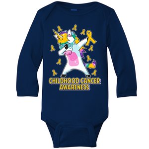 Childhood Cancer Awareness Dabbing Unicorn Baby Long Sleeve Bodysuit