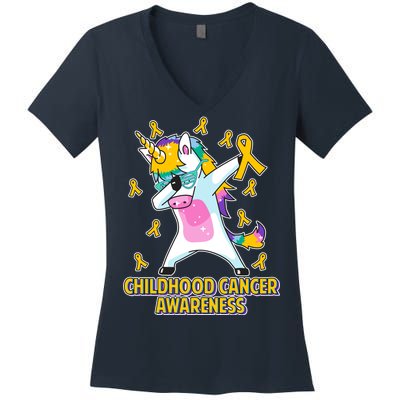 Childhood Cancer Awareness Dabbing Unicorn Women's V-Neck T-Shirt