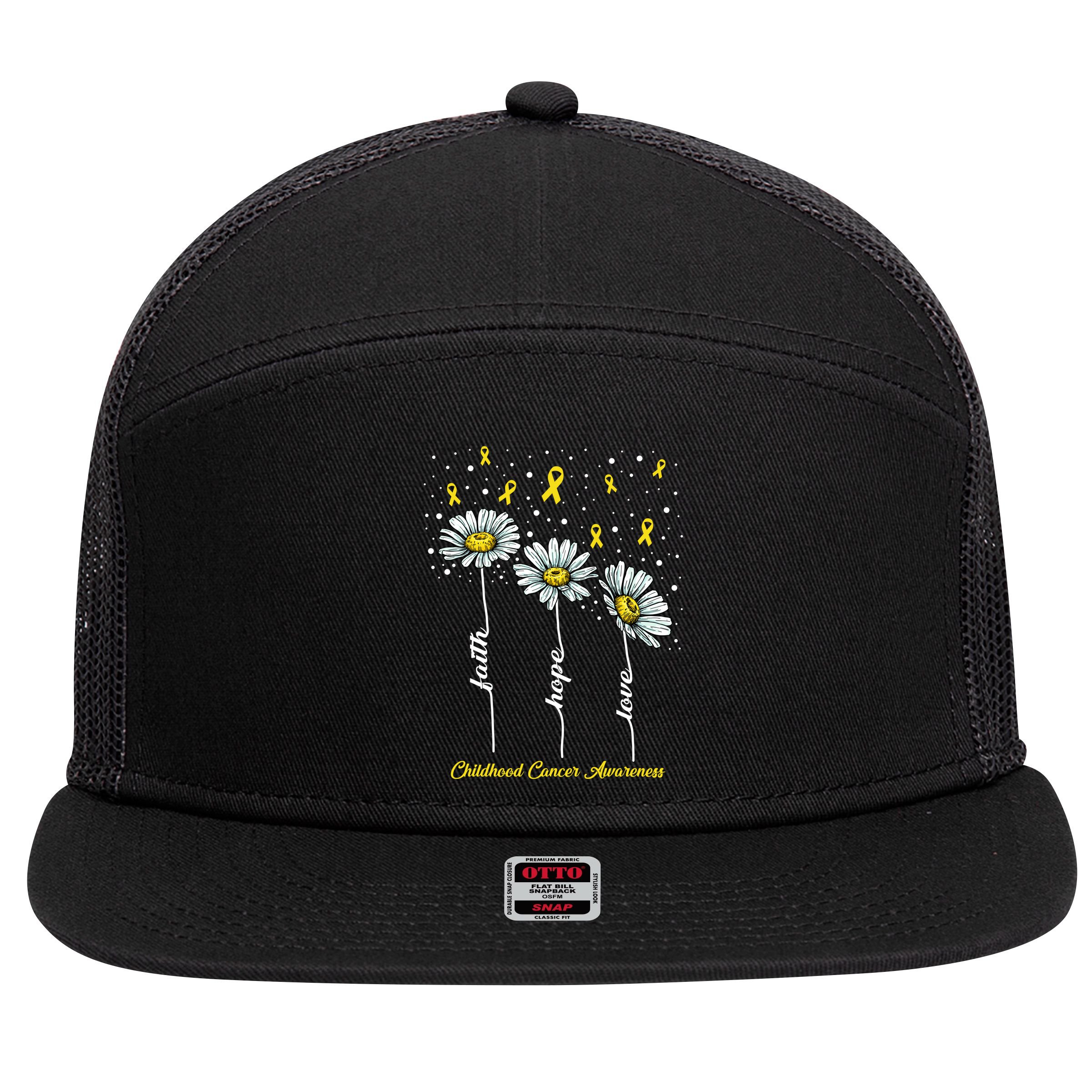 Childhood Cancer Awareness Flower Ribbons 7 Panel Mesh Trucker Snapback Hat