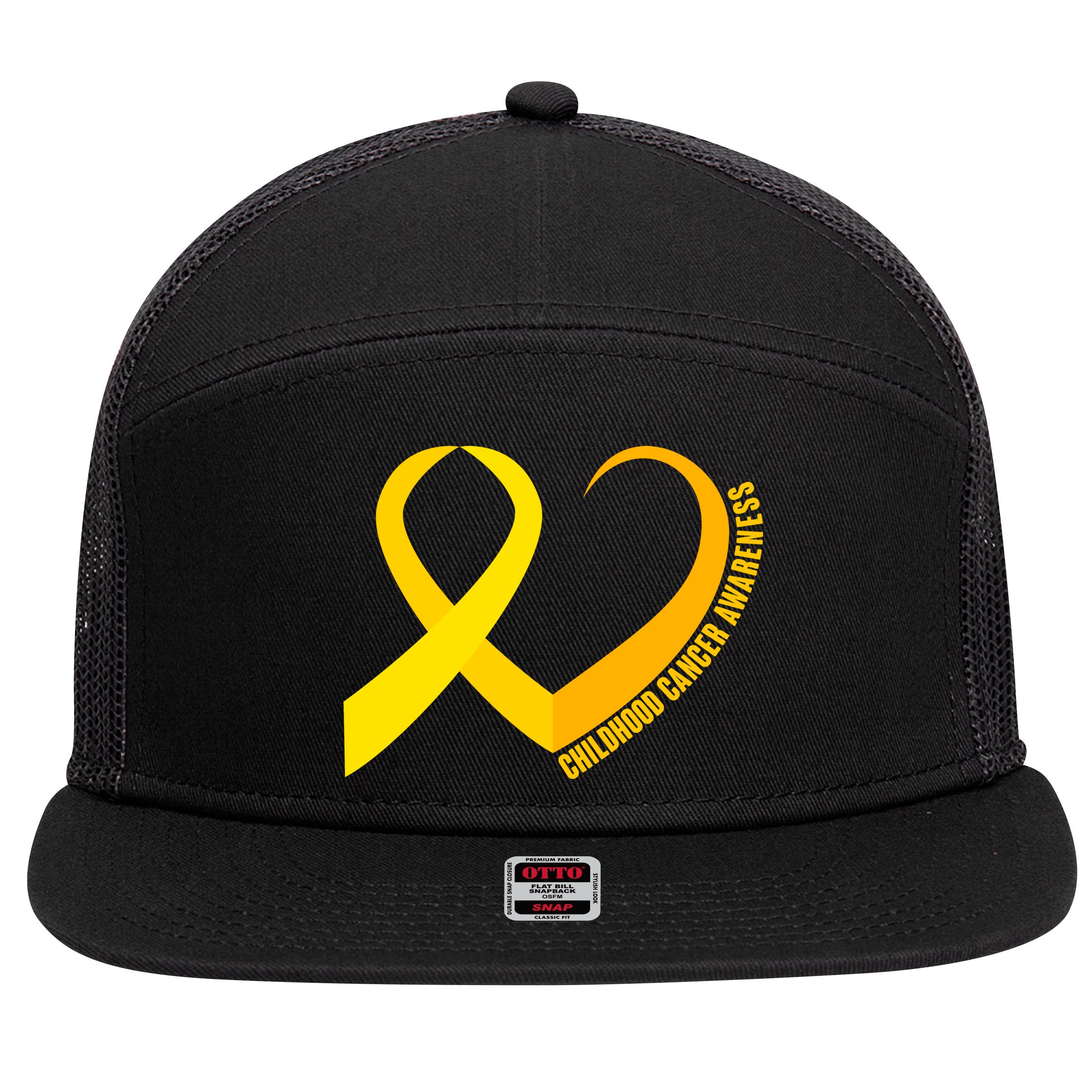 Childhood Cancer Awareness Yellow Ribbon Heart 7 Panel Mesh Trucker Snapback Hat