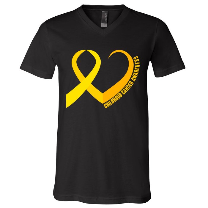 Childhood Cancer Awareness Yellow Ribbon Heart V-Neck T-Shirt