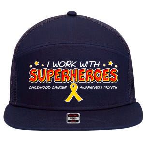 Childhood Cancer I Work With Superheroes 7 Panel Mesh Trucker Snapback Hat