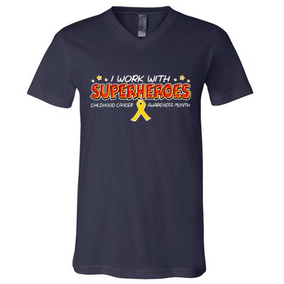 Childhood Cancer I Work With Superheroes V-Neck T-Shirt