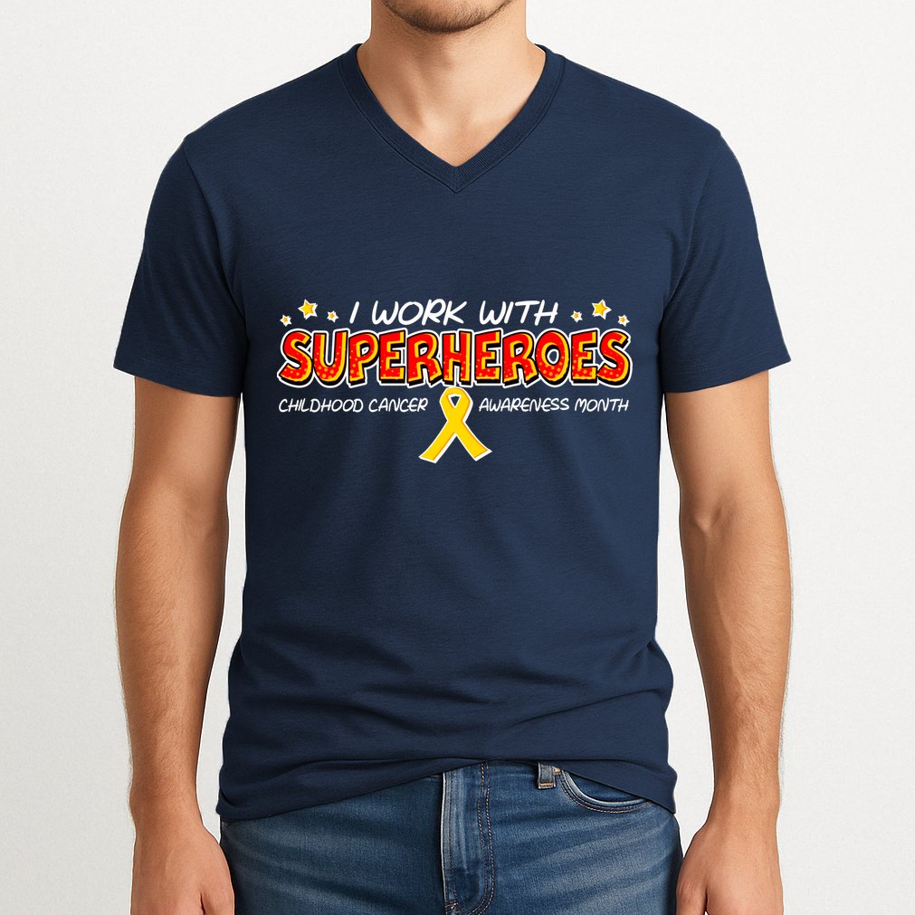 Childhood Cancer I Work With Superheroes V-Neck T-Shirt