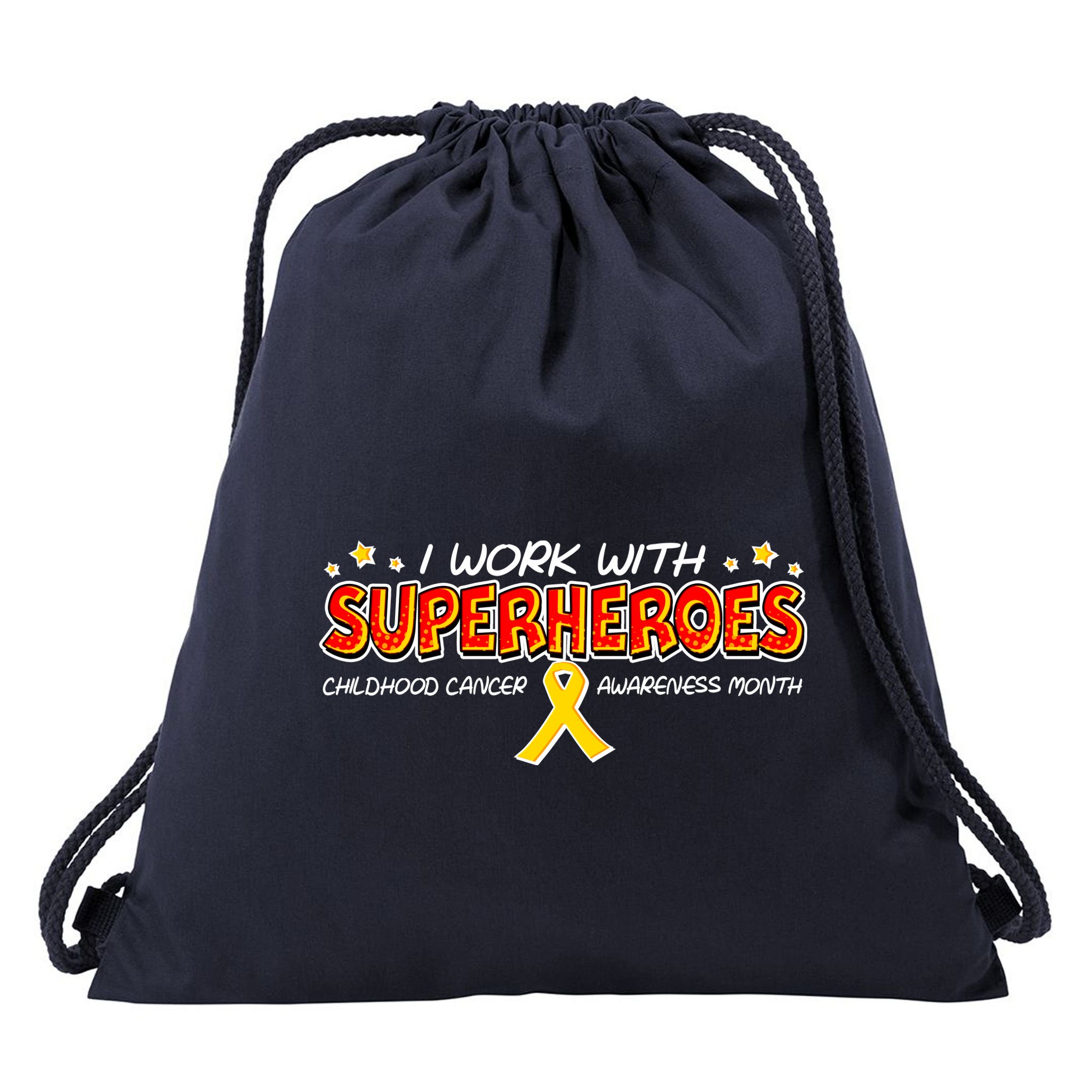 Childhood Cancer I Work With Superheroes Drawstring Bag
