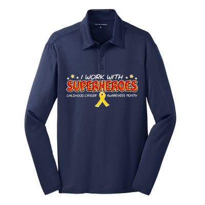 Childhood Cancer I Work With Superheroes Silk Touch Performance Long Sleeve Polo