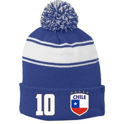 Chile Flag Shield Logo Futbol Soccer World Cup Stripe Pom Pom Beanie