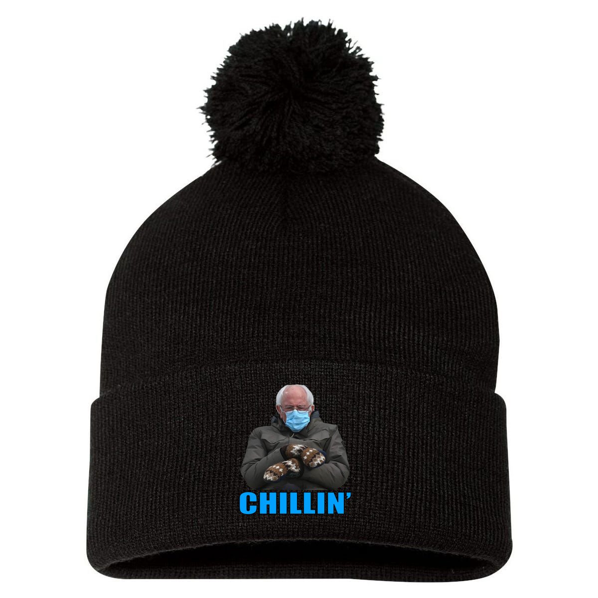 Chillin' Bernie Sanders Mittens Meme Sitting Pom Pom 12in Knit Beanie