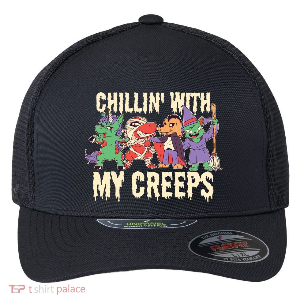Chillin With My Creeps Halloween Animals Flexfit Unipanel Trucker Cap