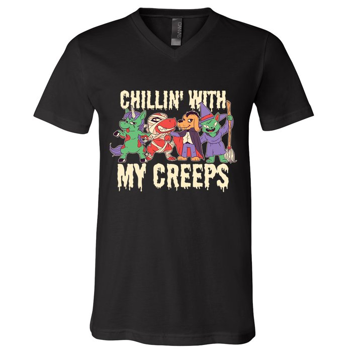Chillin With My Creeps Halloween Animals V-Neck T-Shirt