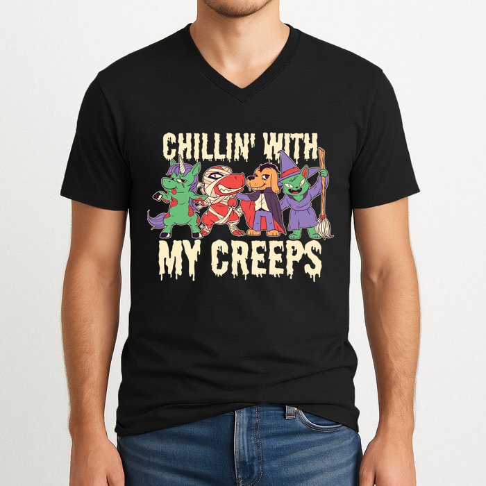 Chillin With My Creeps Halloween Animals V-Neck T-Shirt