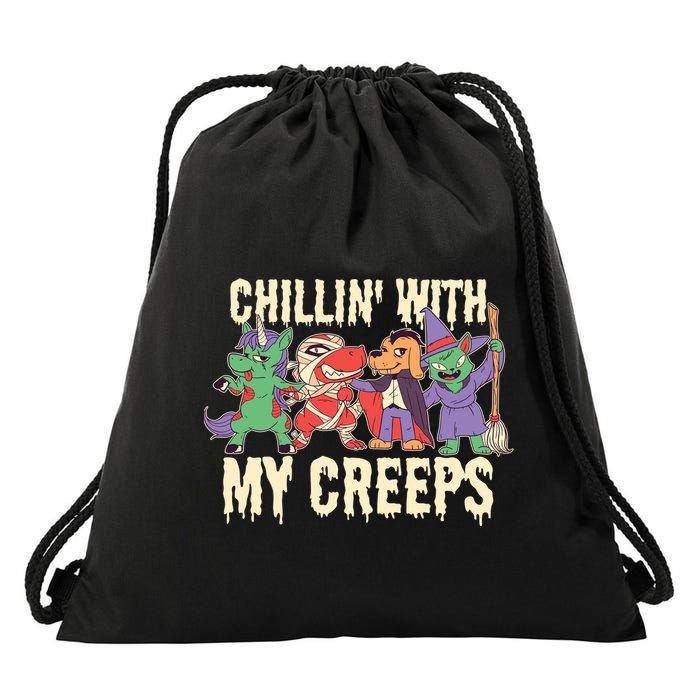 Chillin With My Creeps Halloween Animals Drawstring Bag