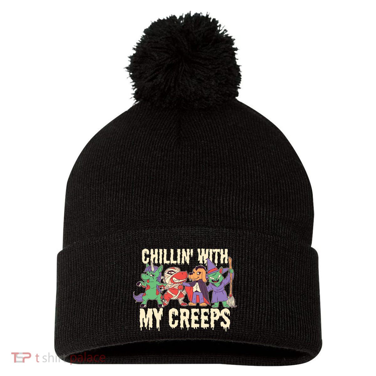 Chillin With My Creeps Halloween Animals Pom Pom 12in Knit Beanie