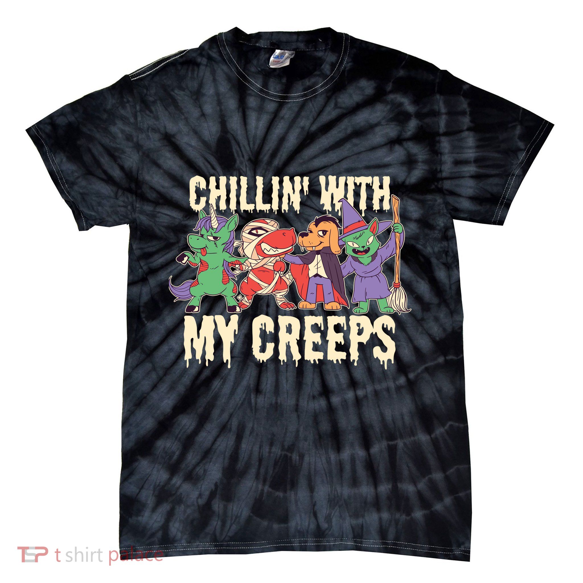 Chillin With My Creeps Halloween Animals Tie-Dye T-Shirt