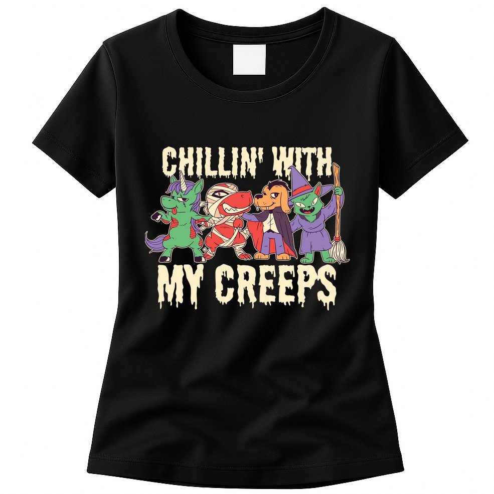 Chillin With My Creeps Halloween Animals Womens T-Shirt