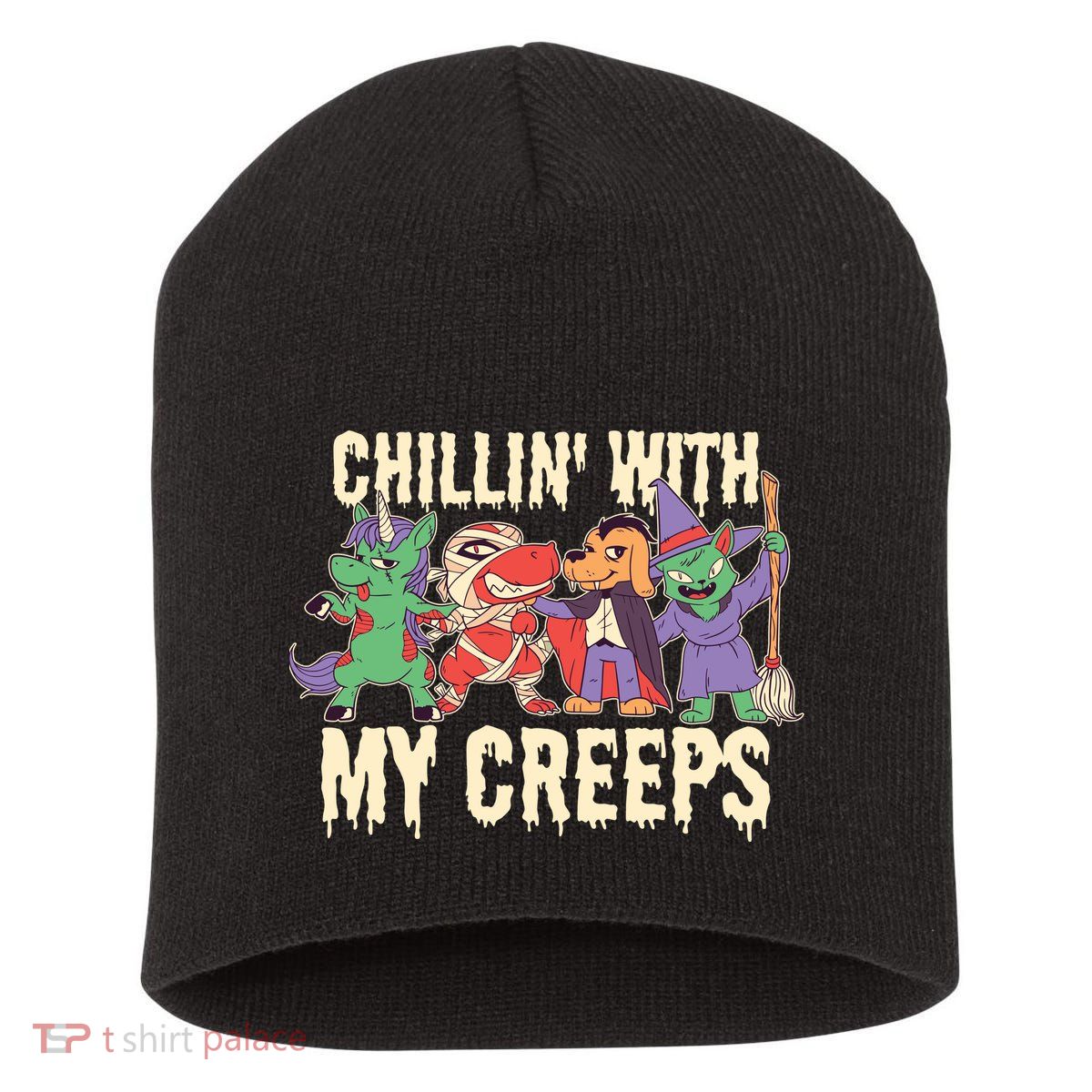 Chillin With My Creeps Halloween Animals Short Acrylic Beanie
