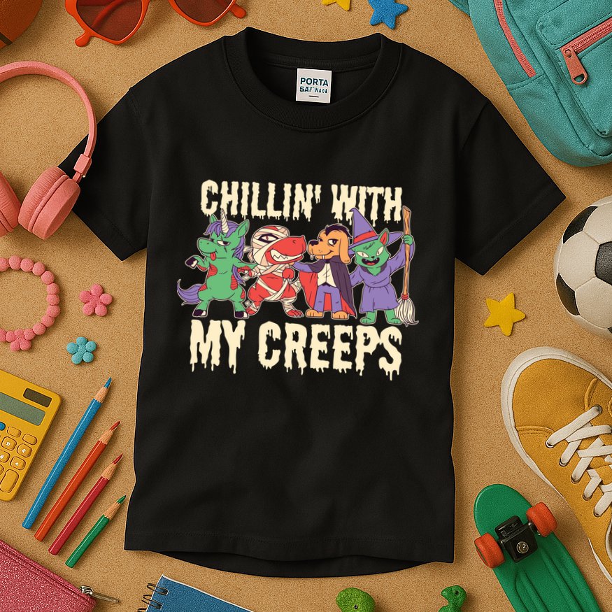 Chillin With My Creeps Halloween Animals Kids T-Shirt