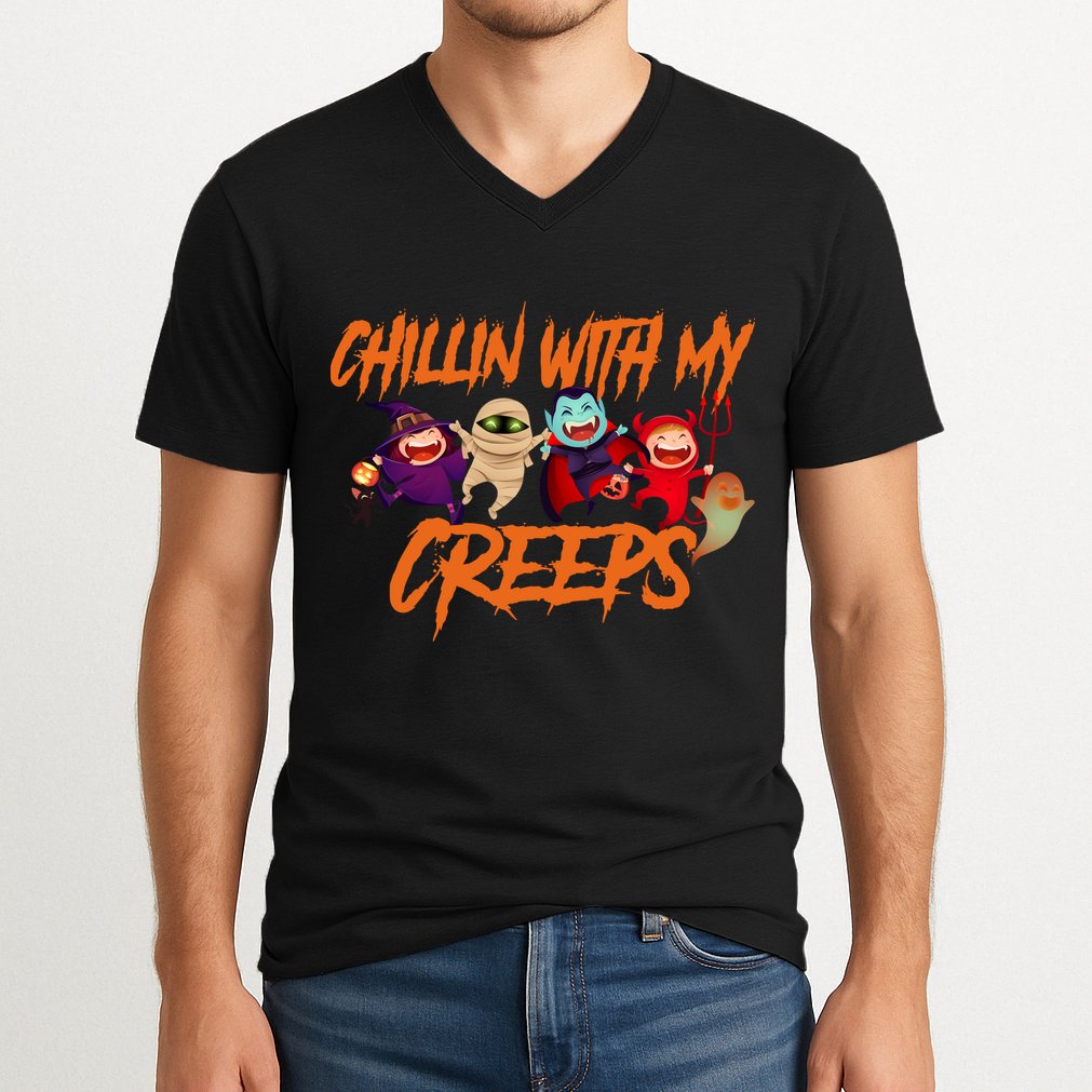 Chillin With My Creeps Spooky Monsters V-Neck T-Shirt