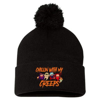 Chillin With My Creeps Spooky Monsters Pom Pom 12in Knit Beanie