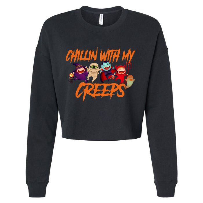 Chillin With My Creeps Spooky Monsters Cropped Pullover Crew
