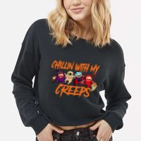 Chillin With My Creeps Spooky Monsters Cropped Pullover Crew