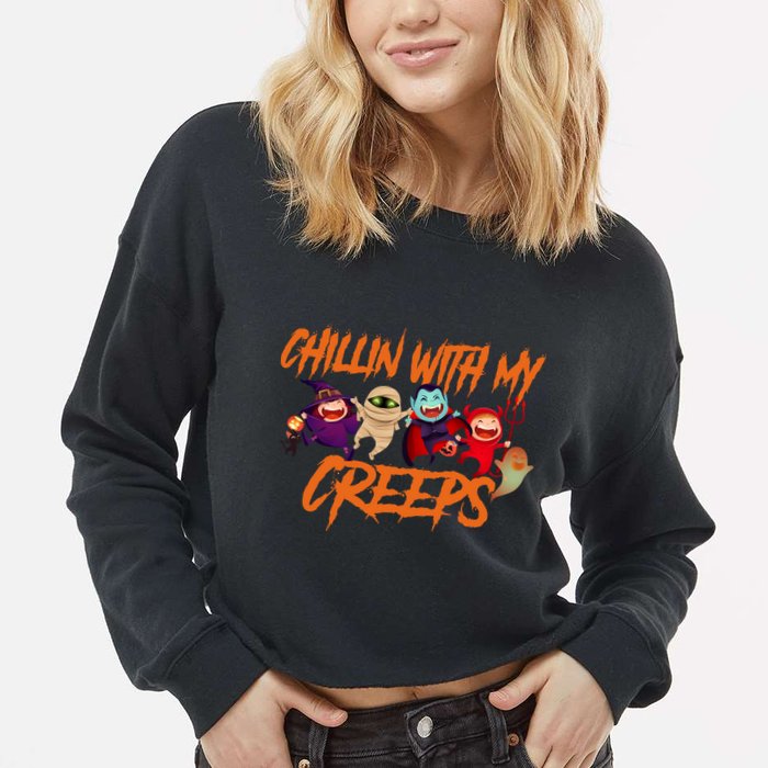 Chillin With My Creeps Spooky Monsters Cropped Pullover Crew