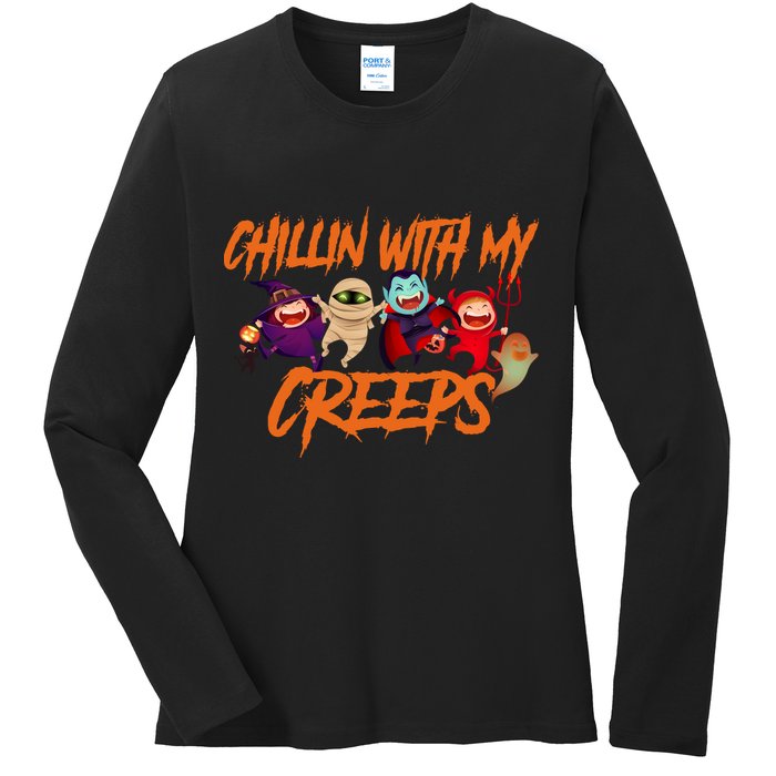 Chillin With My Creeps Spooky Monsters Ladies Long Sleeve Shirt