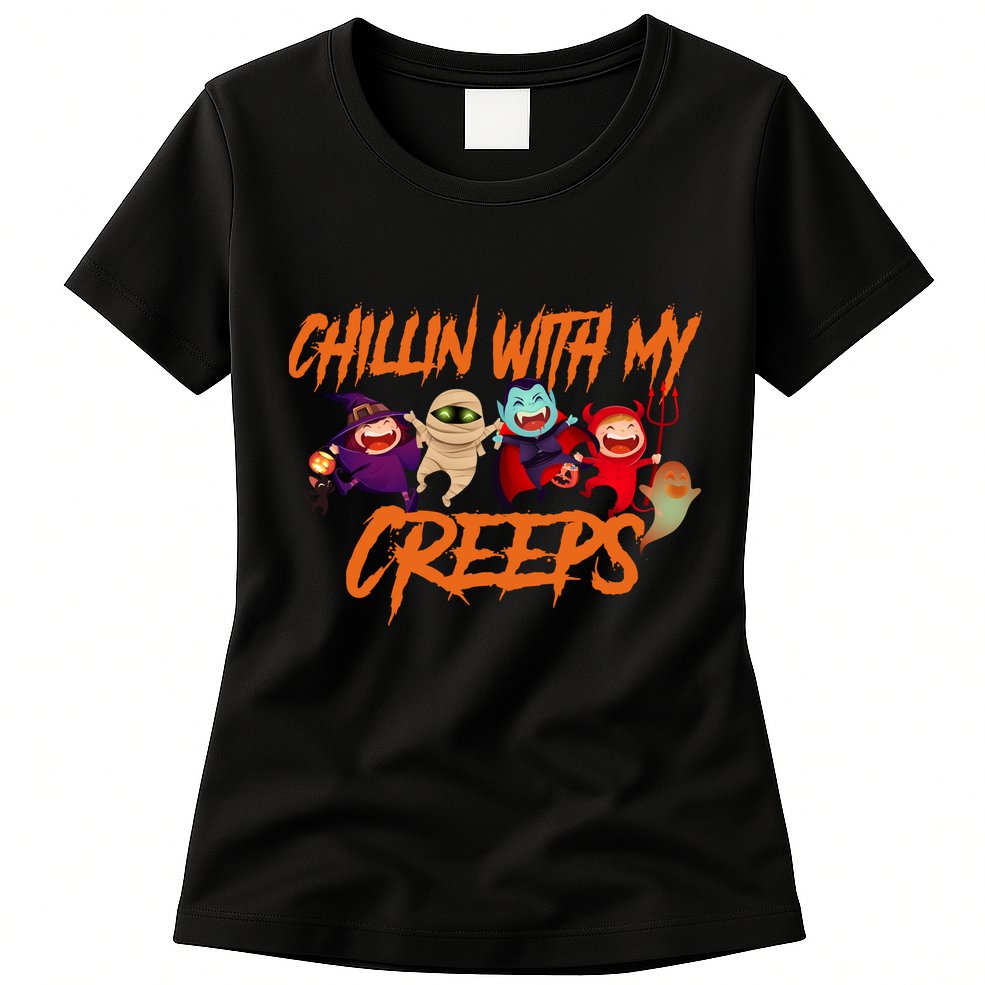 Chillin With My Creeps Spooky Monsters Womens T-Shirt