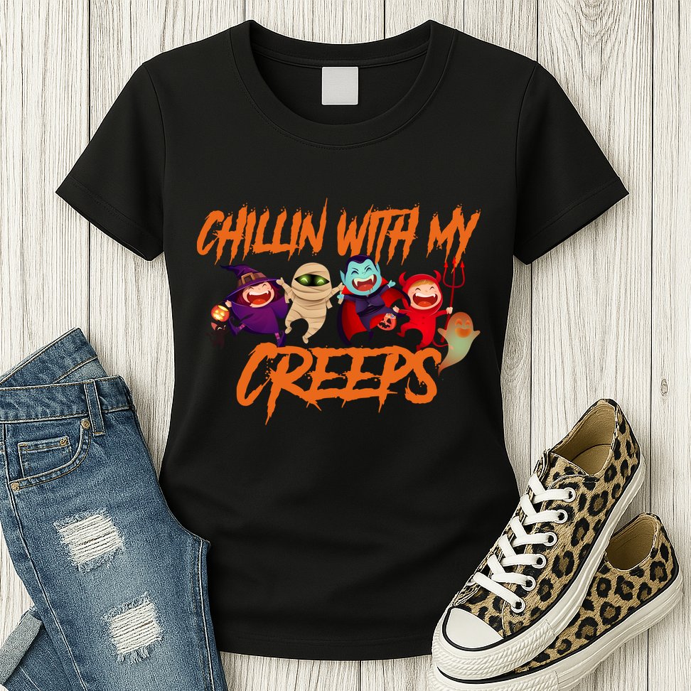 Chillin With My Creeps Spooky Monsters Womens T-Shirt