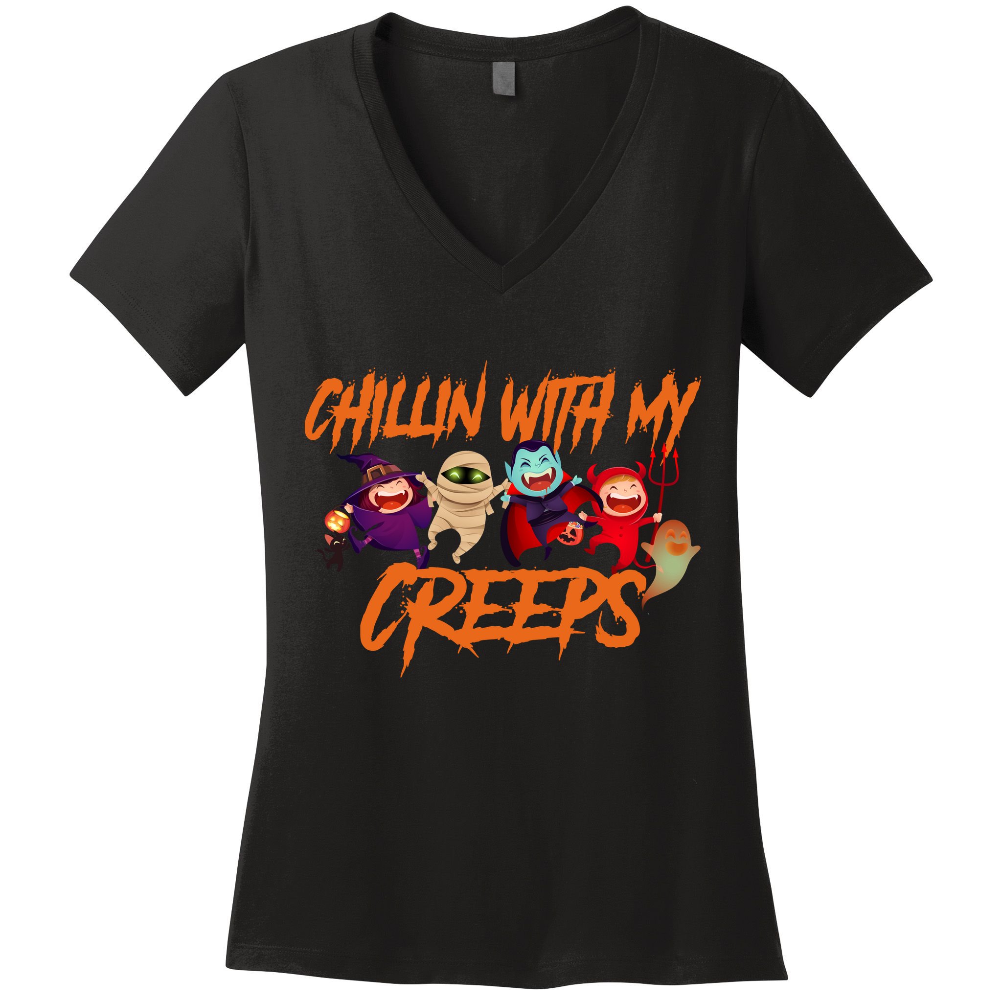 Chillin With My Creeps Spooky Monsters Women's V-Neck T-Shirt