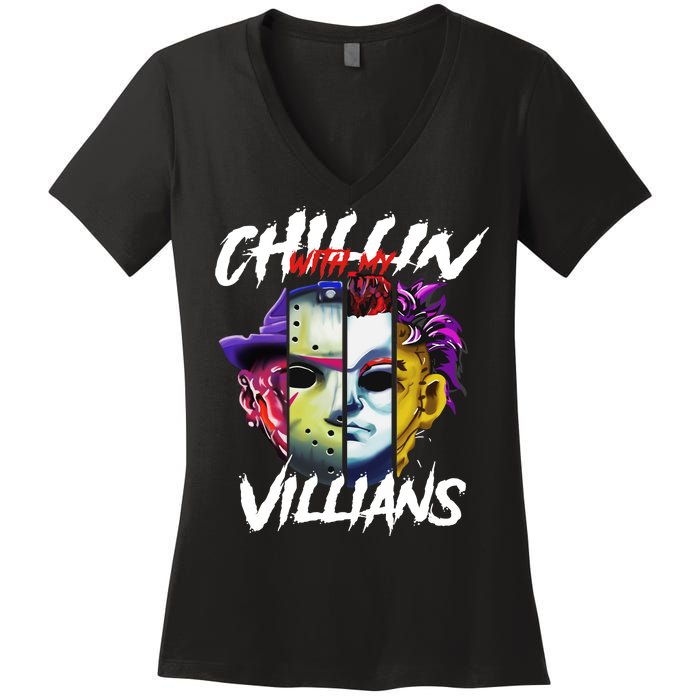 Chillin With My Villains Horror Movie Funny Women's V-Neck T-Shirt