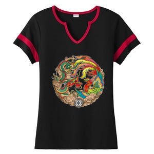 Chinese Dragon and Phoenix Yin Yang Ladies Halftime Notch Neck Tee