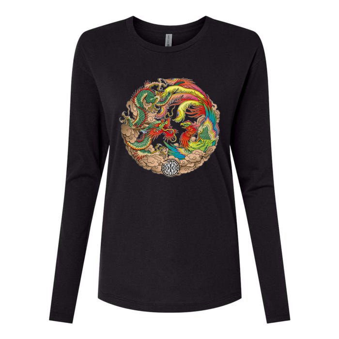 Chinese Dragon and Phoenix Yin Yang Womens Cotton Relaxed Long Sleeve T-Shirt