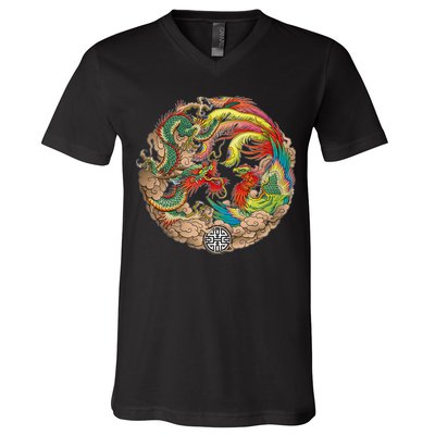 Chinese Dragon and Phoenix Yin Yang V-Neck T-Shirt