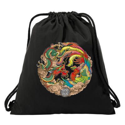 Chinese Dragon and Phoenix Yin Yang Drawstring Bag
